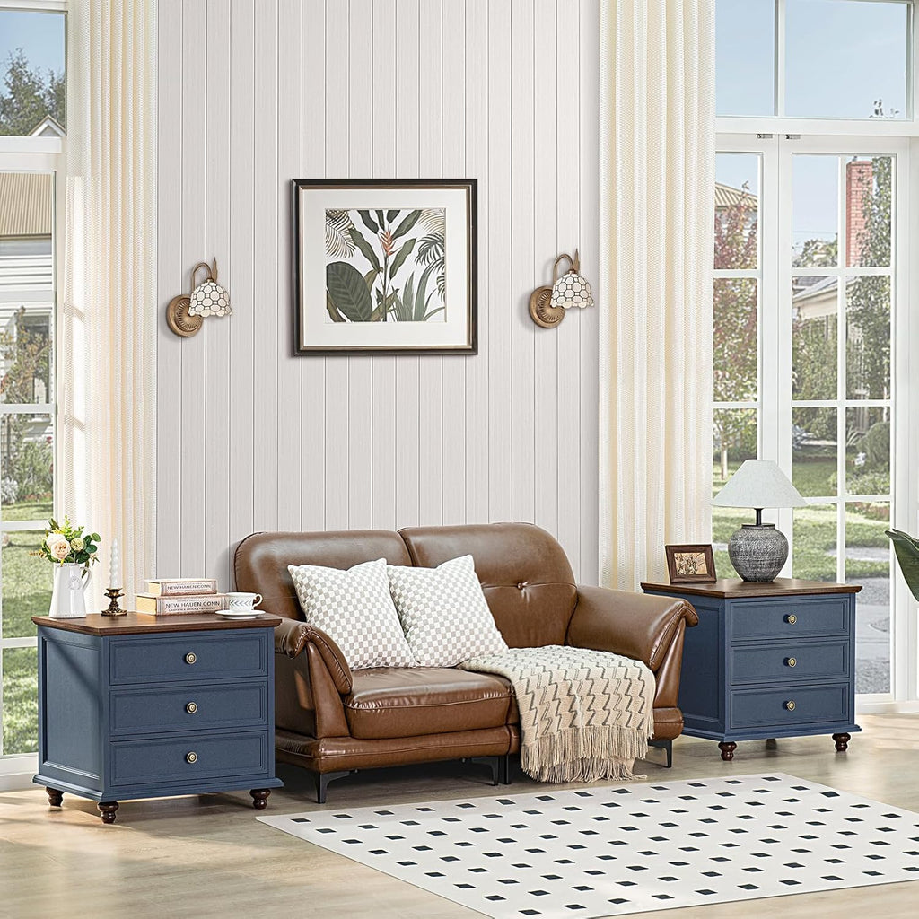 Joaxswe 24' Wide Farmhouse Night Stand Set of 2,Large End Table with 3 Drawers & Metal Handle,Blue Dresser for Bedroom,Bed Side Table Chest of Drawers Cabinet,Wood Nightstand for Living Room,Closet