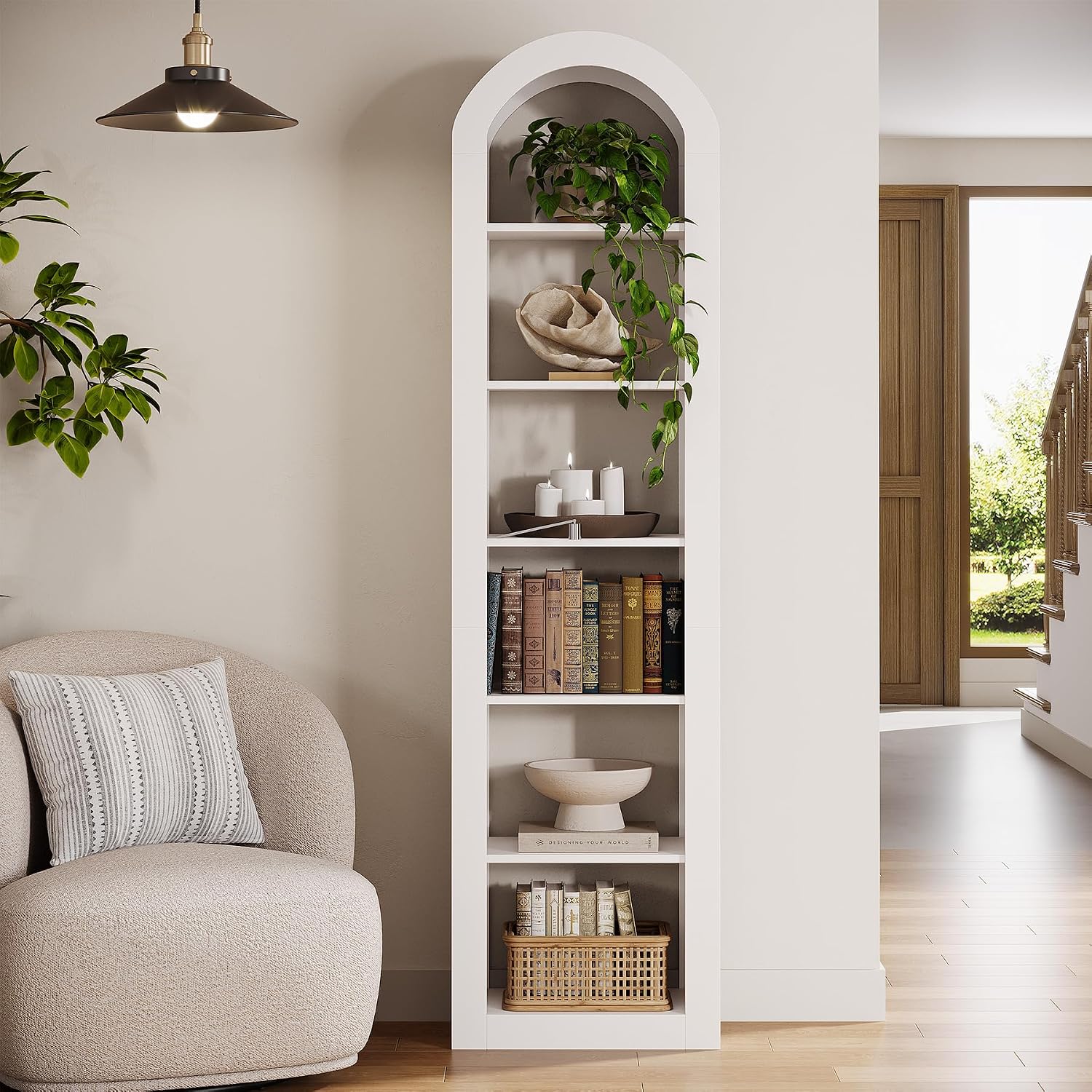 Tribesigns 74.8' Tall Arched Bookshelf, 6-Tier Narrow Open Bookcase, Floor Standing Corner Display Shelves Storage Organizer for Small Space, Home Office, Living Room (Warm White, 1 PC)