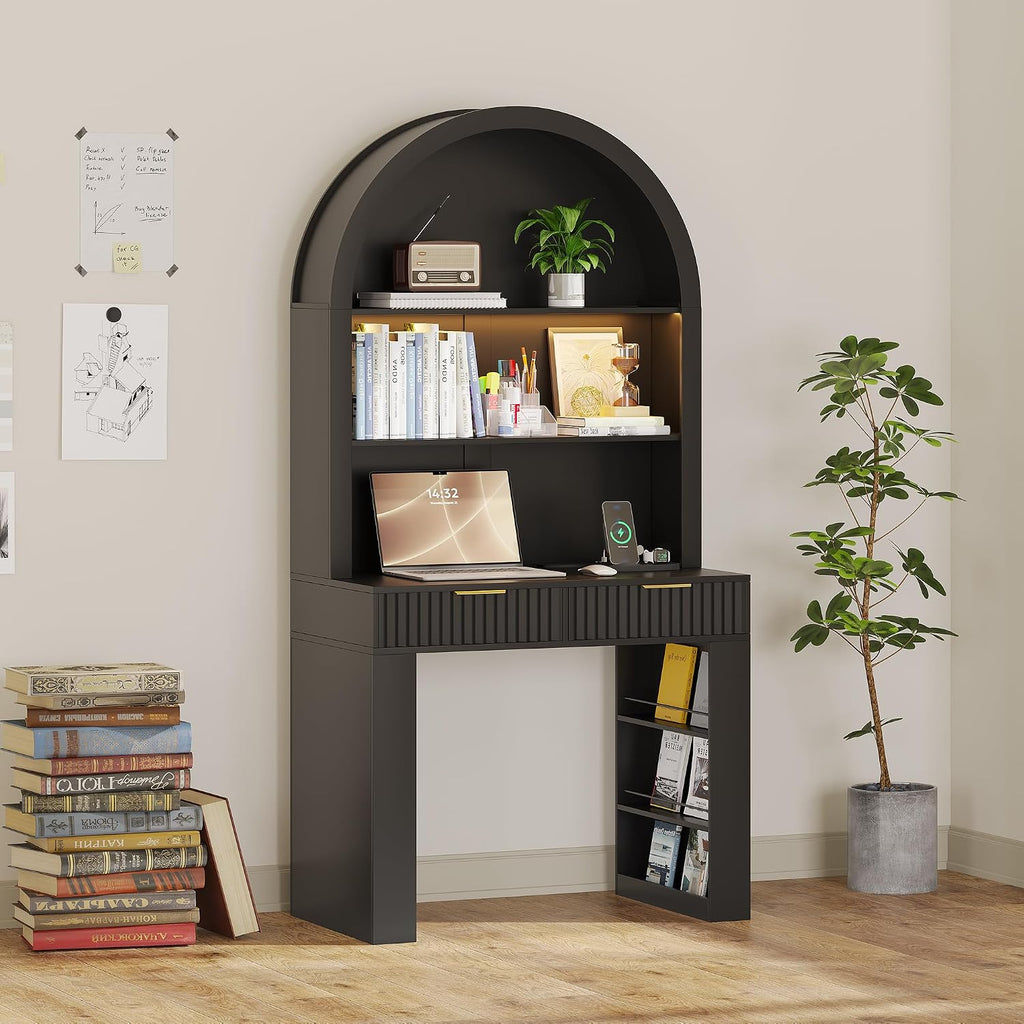 Arched Writing Desk with Hutch, Home Office Desk with 2 Drawers, Secretary Desk with Outlets, 3 Color LED Lights, Open Shelves, Computer Desk for Small Space, Bedroom 35.4' W x 70.8' H (Black)