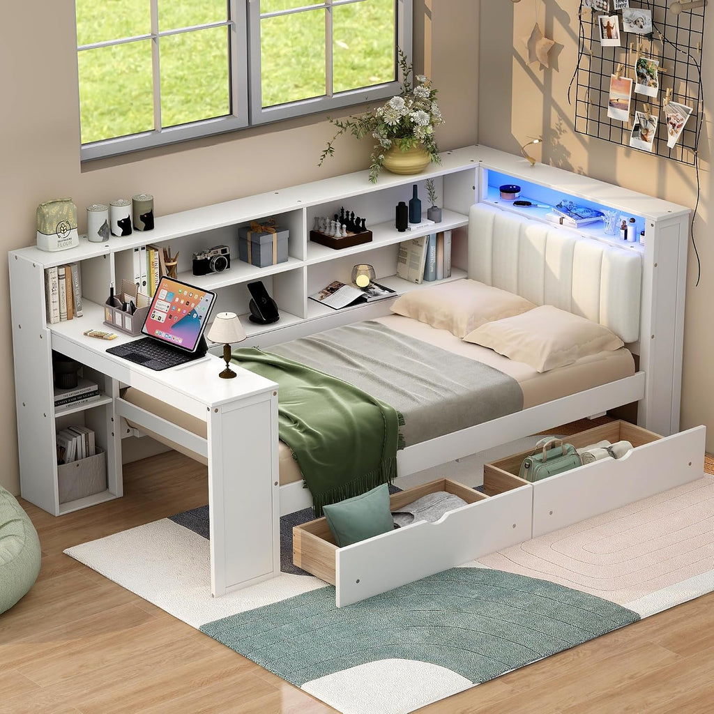 LUMISOL Twin Size Daybed with Storage Bookcase and Upholstered Headboard, Wood L Shaped Corner Day Bed Frame with Desk, Drawers, LED Light & USB Ports, Space-Saving, White