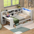 LUMISOL Twin Size Daybed with Storage Bookcase and Upholstered Headboard, Wood L Shaped Corner Day Bed Frame with Desk, Drawers, LED Light & USB Ports, Space-Saving, White