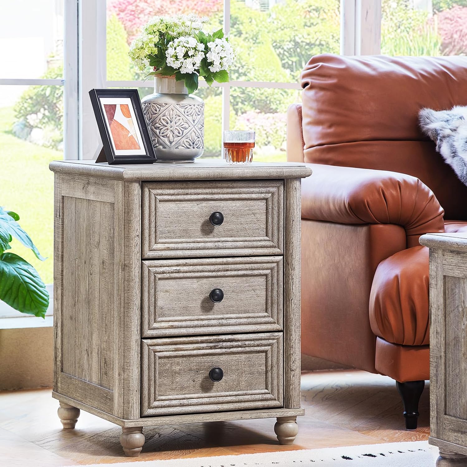 RWYHG 18' Farmhouse Night Stand Set of 2, Gray Wood Nightstand with 3 Drawers, Bedside End Table with Storage and Roman Column, Bed Side Tables Cabinet for Bedroom, Living Room, and Closet