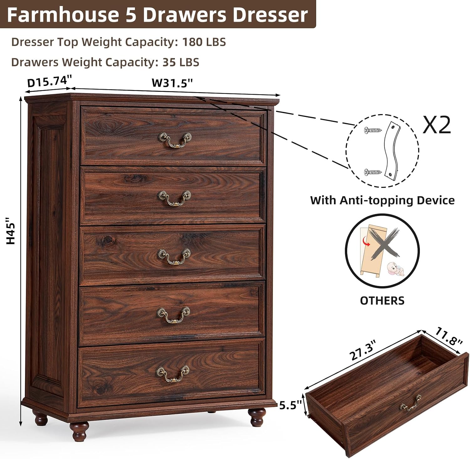 Joaxswe Farmhouse 5 Drawer Dresser Set of 2 for Bedroom, 45' Tall Rustic Chests of Drawers w/ 4 Solid Wood Feet, Mid Century Vintage Wooden Closet Storage Dressers Organizer for Living Room, Brown