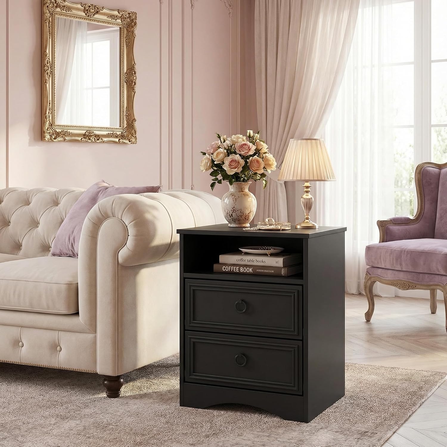 HolliWill Set of 2 Large Night Stand with Drawers, 17.7' W Nightstand with 2 Drawers, Accent Bed Side Table and End Table with Large Open Storage for Bedroom, Living Room,Black