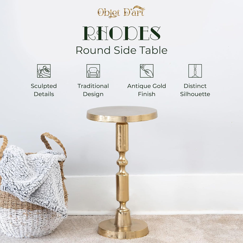 OBJET D'ART Small Round Gold End Tables, Rhodes, 21'' Height, Vintage Metal Accent, Side, Pedestal, Coctail and Drink Tables for Living Room and Small Spaces