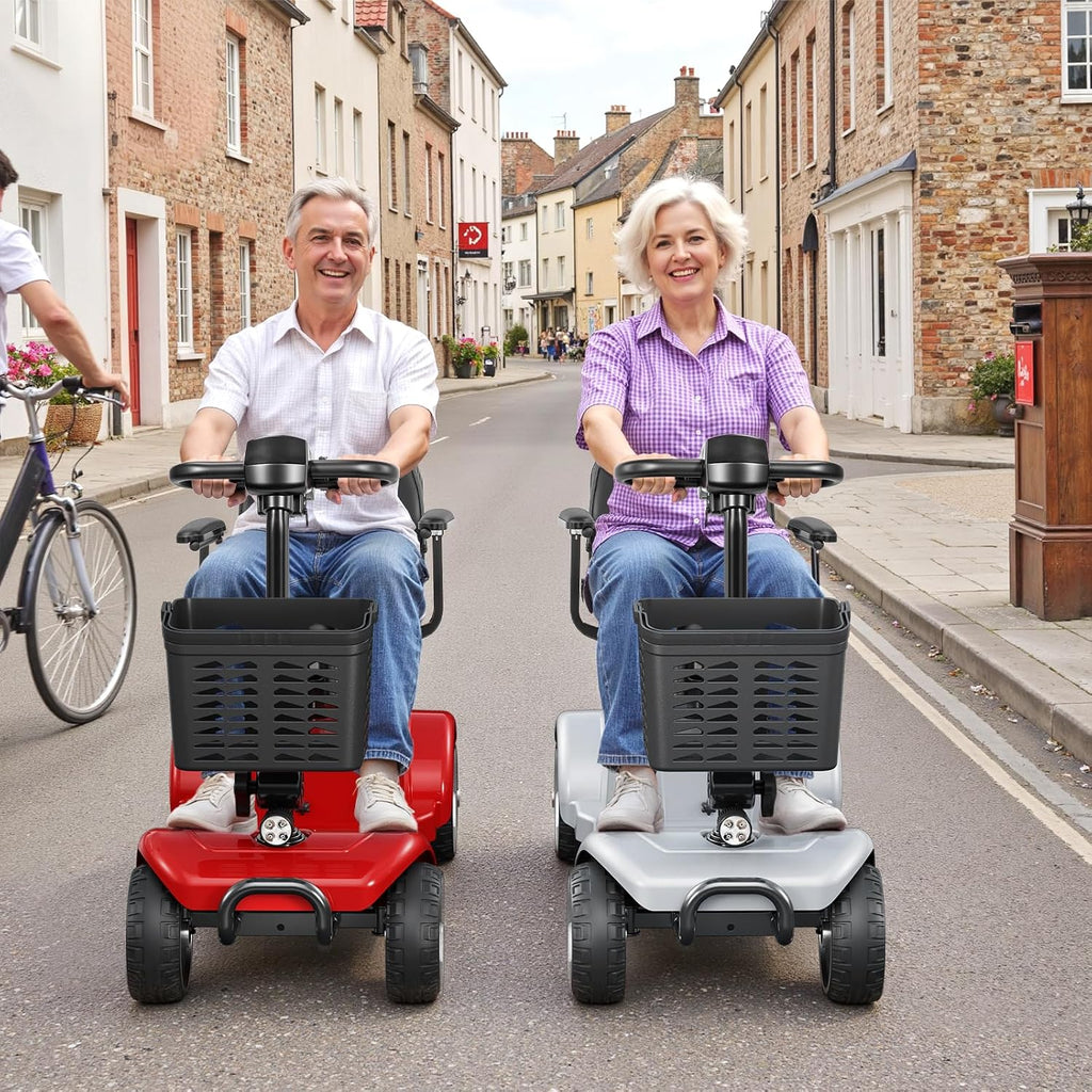 30 Miles Long Range Electric Mobility Scooter, Powered Mobility Scooters for Adults and Seniors, Motorized Scooter, Compact Heavy Duty Mobile for Travel with LED Headlight, Basket Red
