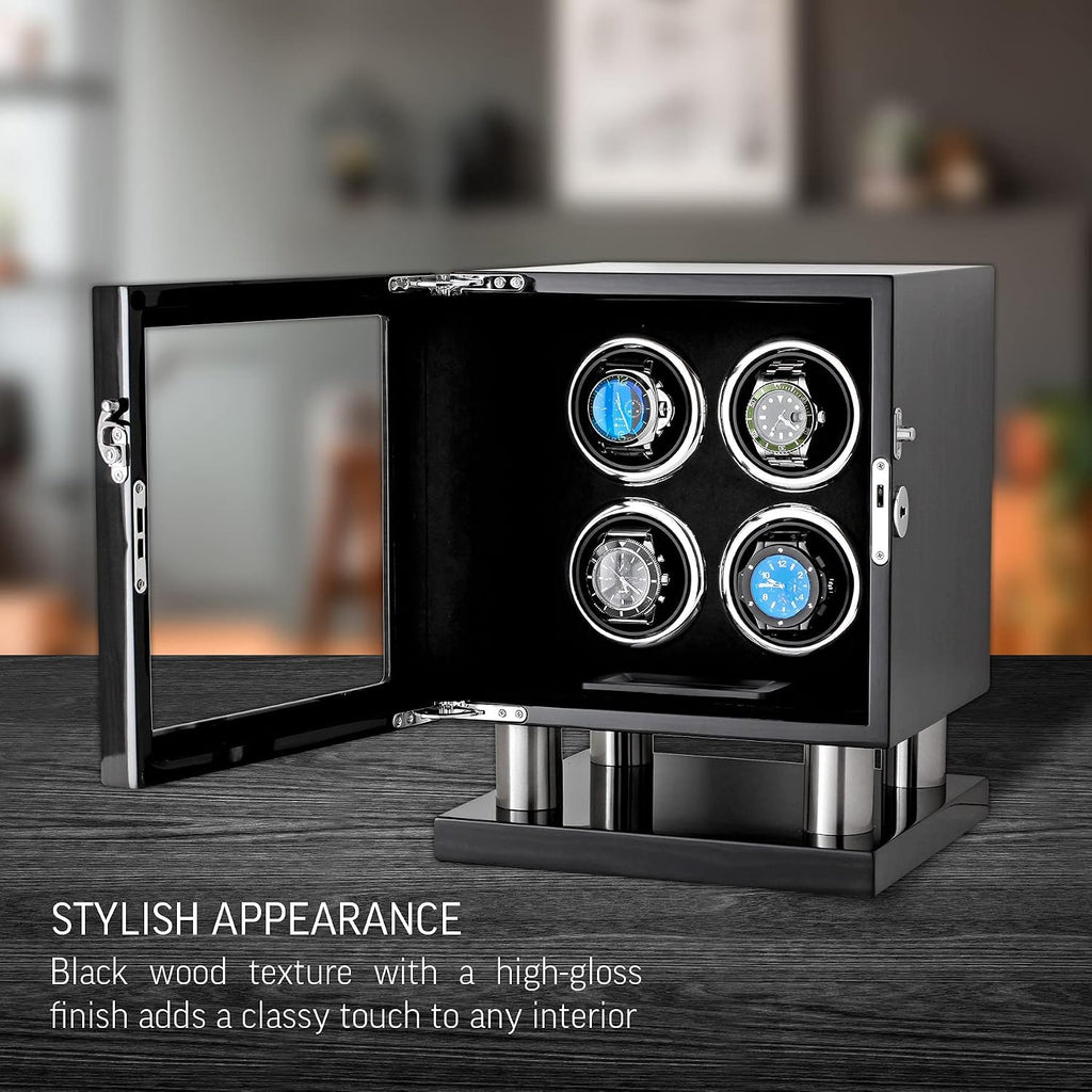 Watch Winder for 4 Watches with LED Backlight, LCD Display and Motor-Stop Option (Black & Grey)