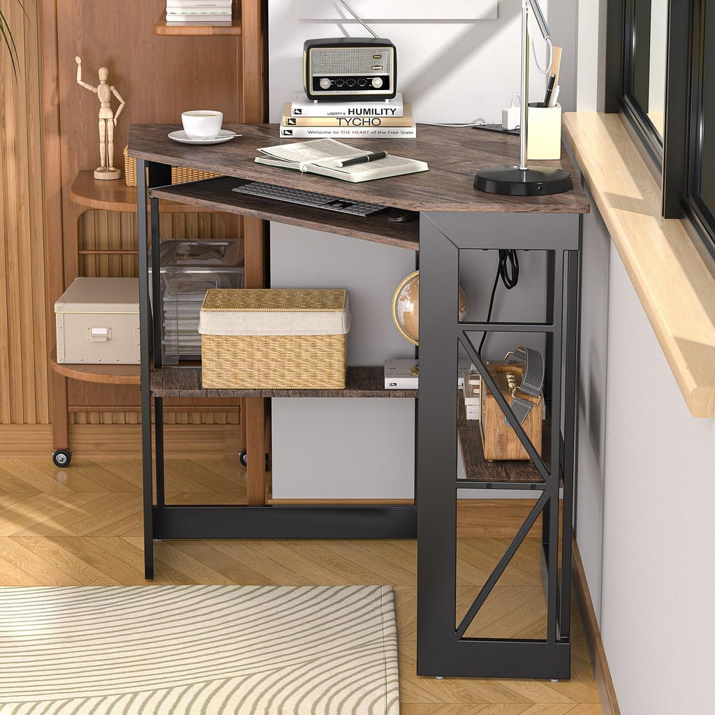 VECELO Corner Desk, Triangle Computer Desk for Small Space with Charging Station and Keyboard Tray, Corner Makeup Table with Storage Shelves for Home Office Bedroom, 41x30, Rustic Brown