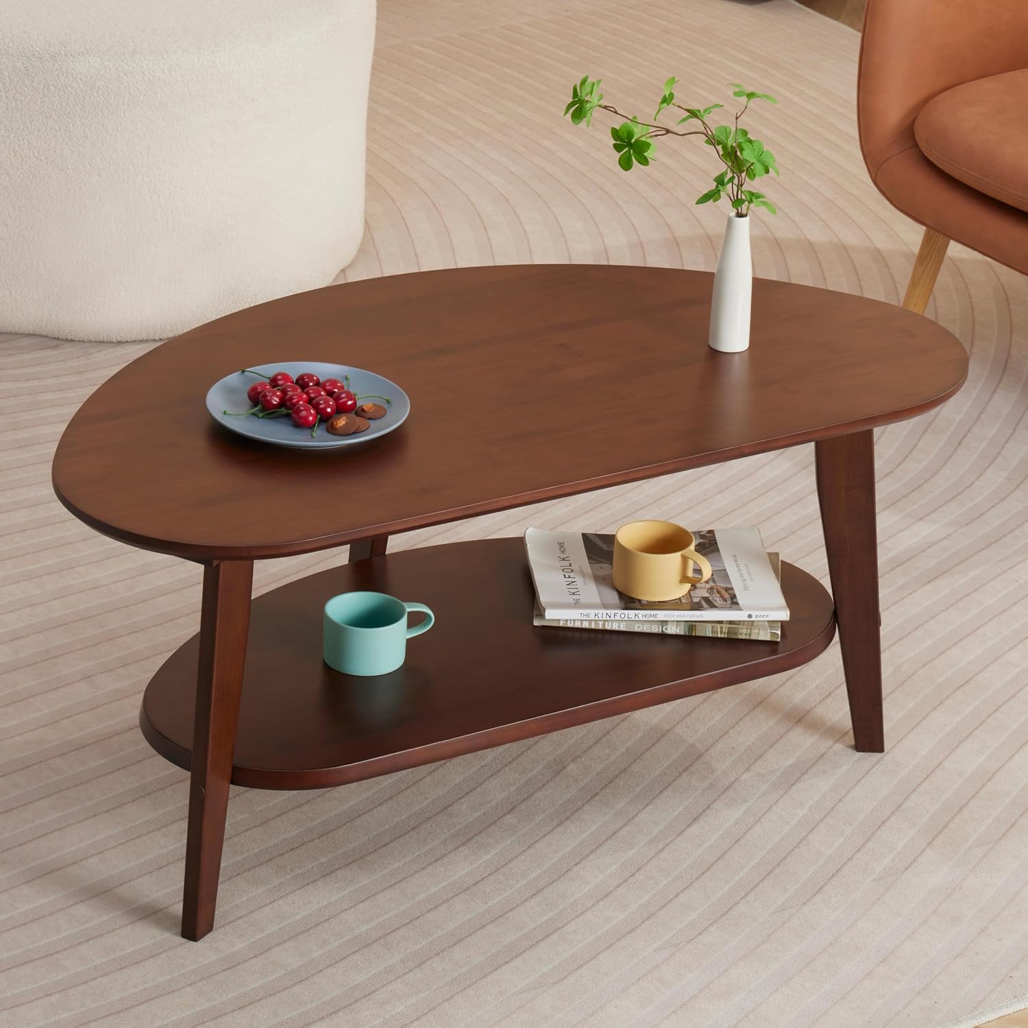 NAVREX Mid Century Modern Coffee Table with Storage, 2 Tier Oval Round Coffee Tables for Living Room Home Office, FSC Certifiled 100% Solid Wood Center Table, Value Lies in Material (Walnut Finish)