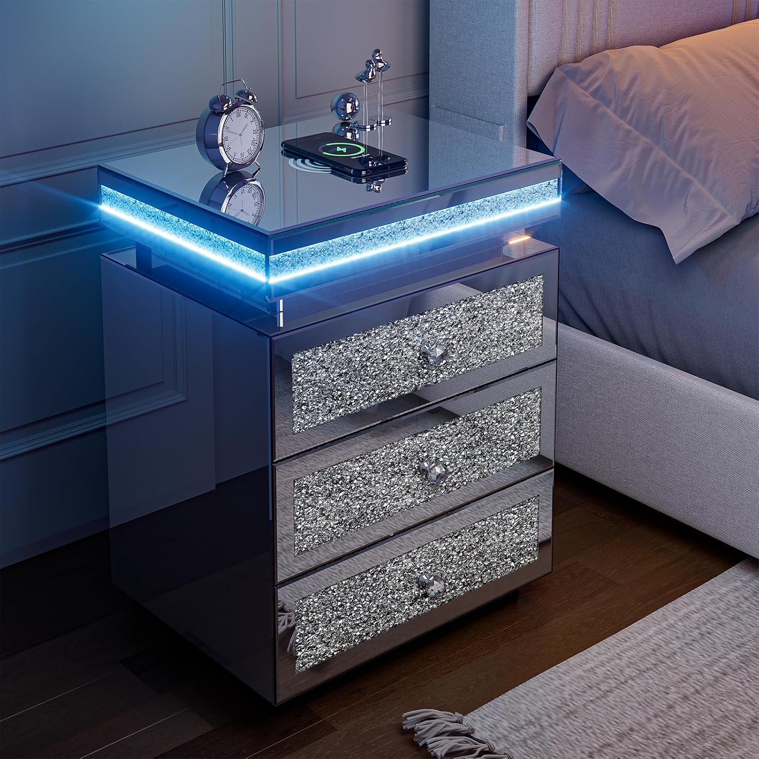 IKIFLY Mirrored Nightstand Set of 2, LED End Table with Wireless Charging Station, Modern Accent Side Table with 3 Crushed Diamond Drawers for Living Room, Bedroom and Office