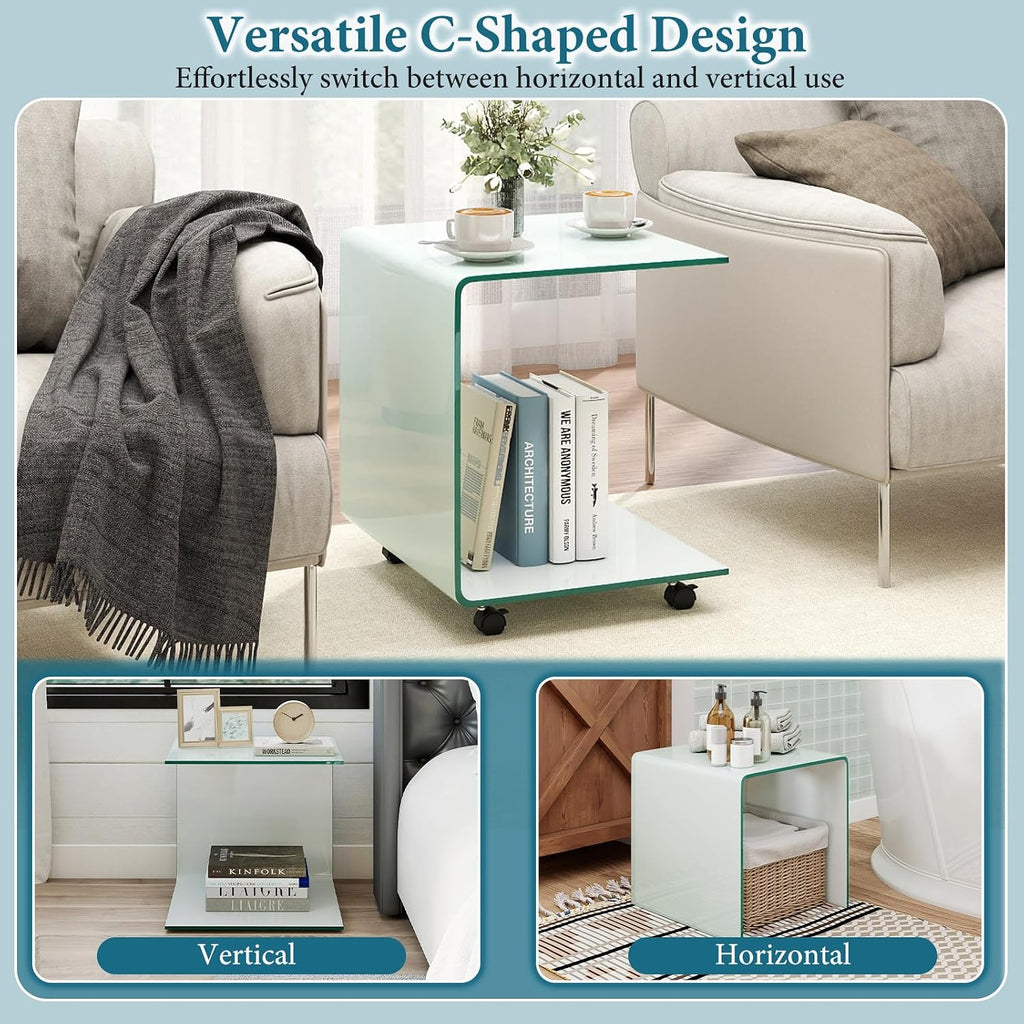 Tangkula Tempered Glass Side Table, Modern C-Shaped Bedside Table Nightstand with Storage Shelf, 4 Lockable Universal Wheels, Rolling Sofa End Table for Living Room Bedroom Office (2, White)