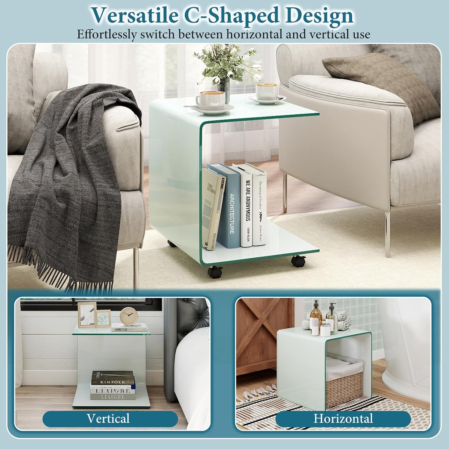 Tangkula Tempered Glass Side Table, Modern C-Shaped Bedside Table Nightstand with Storage Shelf, 4 Lockable Universal Wheels, Rolling Sofa End Table for Living Room Bedroom Office (2, White)