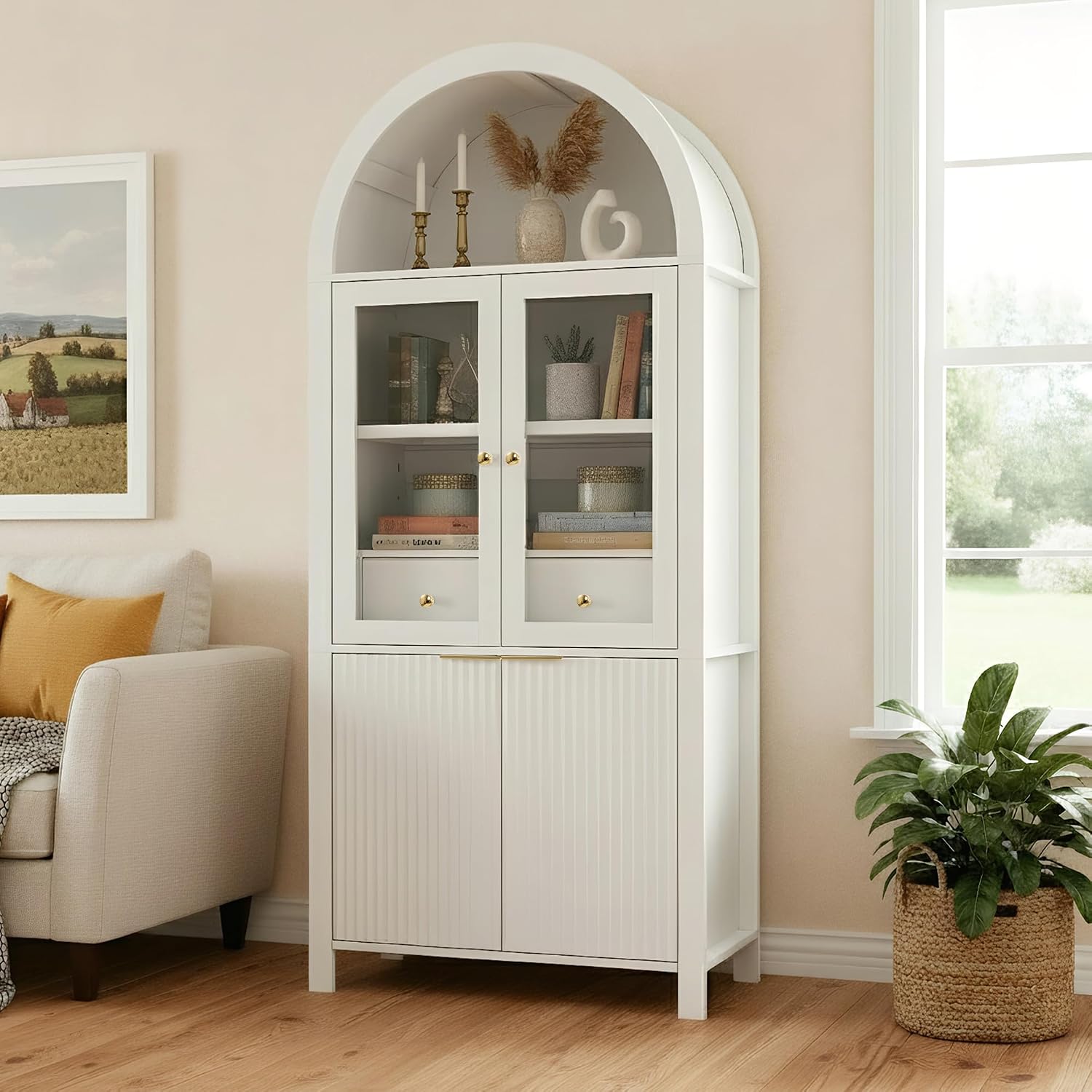 71' Tall Arched Kitchen Pantry with Drawer,Glass Door,Door Racks, Fluted Hutch Cabinet with Storage & Adjustable Shelves,Cupboard Buffet Cabinet for Living Room, Coffee Bar Corner(Natural)