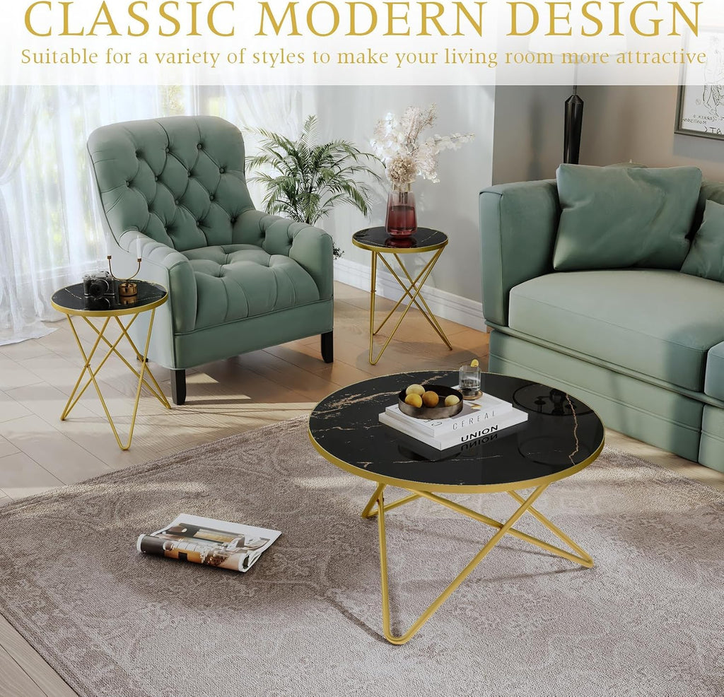 HLR Modern Round Coffee Table and Side Table Set of 3,End Table with Faux Marble Top and Gold Metal Frame, Side Table for Living Room, Bedroom, Sofa and Couch, Gold Legs, Black Marble Top