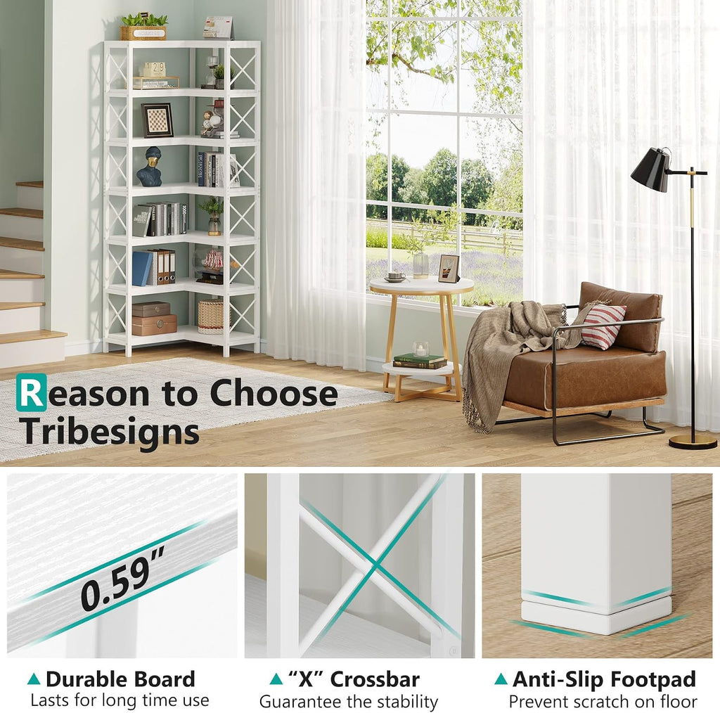 Tribesigns 7-Tier Corner Bookcase, Industrial Large Corner Bookshelf, 7-Shelf Tall Corner Shelf Storage Display Rack with Metal Frame for Living Room Home Office, White
