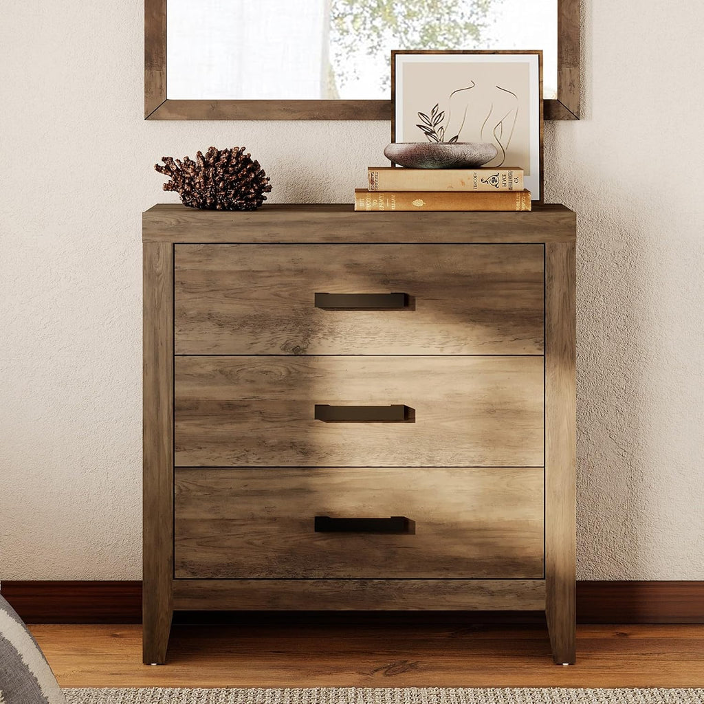 WAMPAT Farmhouse 3 Drawer Nightstand Set of 2, Large Wood Bedside Tables, 32' Wide End Tables with Storage for Bedroom, Hallway, Brown