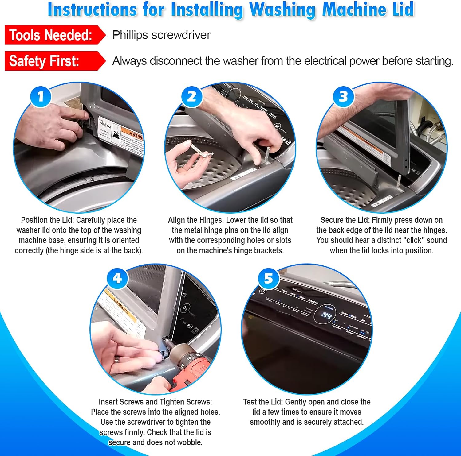 Upgraded W11102314 Washer Glass Lid Assembly Compatible with Whirlpool W10594159 W10610172 W10843825 WP8563965 Left Lid Hinge & WP8572974 Right Lid Hinge & 4 Screws W11404293