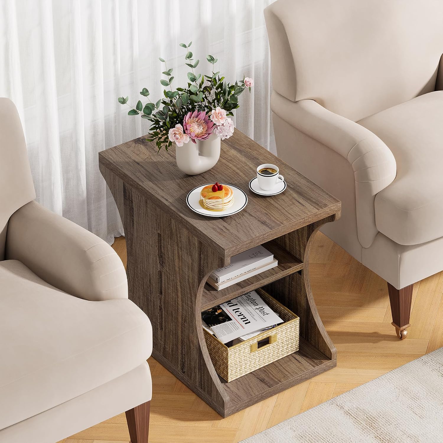 Modern Farmhouse End Table Set of 2, Wood Side Tables with Storage, 3-Tier Narrow Country Nightstand for Living Room, Bedroom, Small Spaces, Light Brown