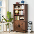 Joaxswe 70in Tall Bookshelf 5 Tier Bookcase with Barn Doors and Adjustable Shelves, Brown Farmhouse Book Shelf with Storage Cabinet, Wood Freestanding Display Bookshelves for Bedroom, Living Room
