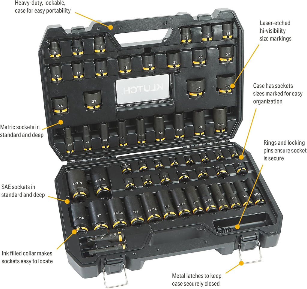 Klutch 3/8in.- and 1/2in.-Drive Chrome Molybdenum Impact Socket Set, SAE and Metric, 59-Pc.