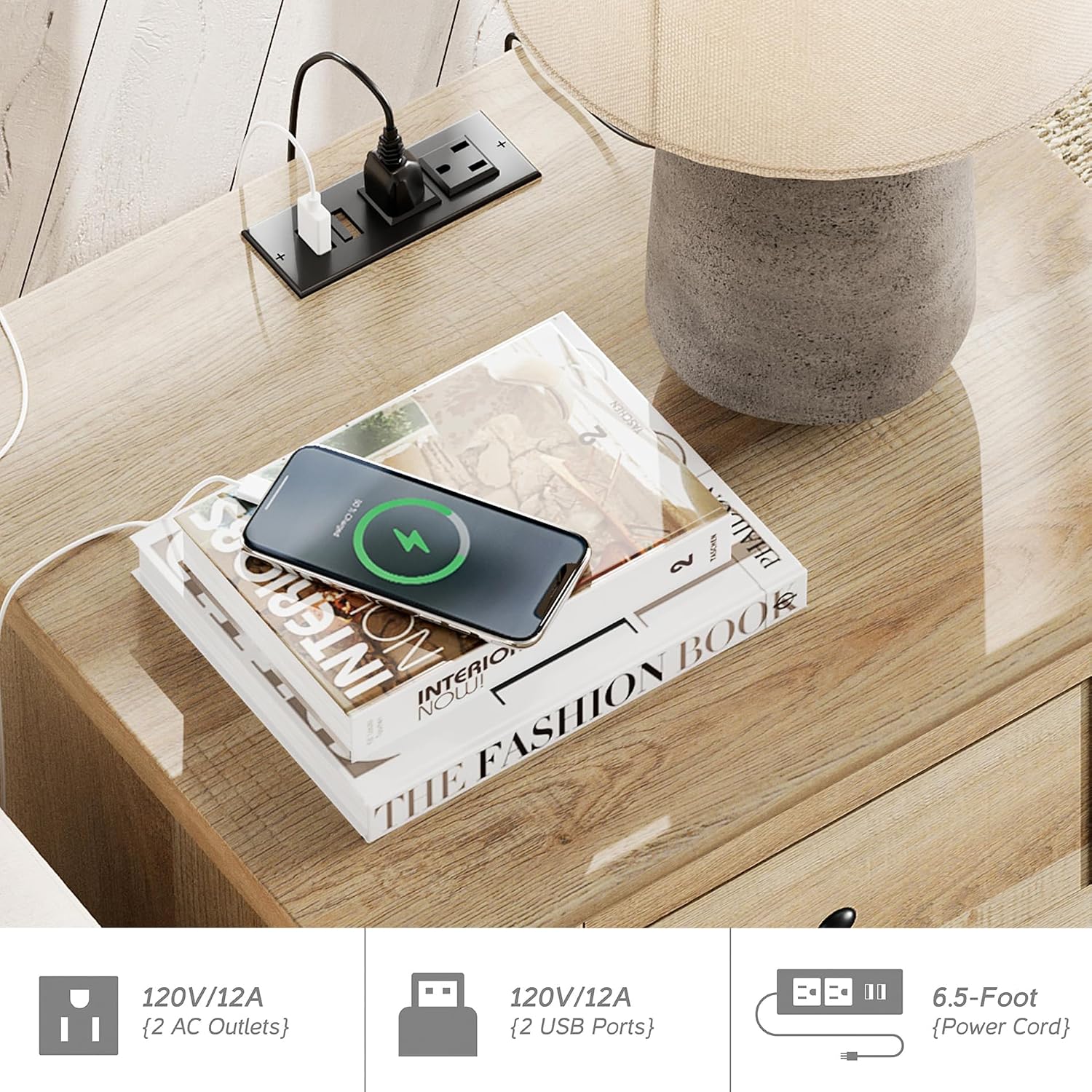 WAMPAT Nightstands with Charging Station, Set of 2 End Table with Power Outlets & USB Ports for Living Room, Modern Side Table with Drawer and Storage Cabinet for Bedroom, Oak