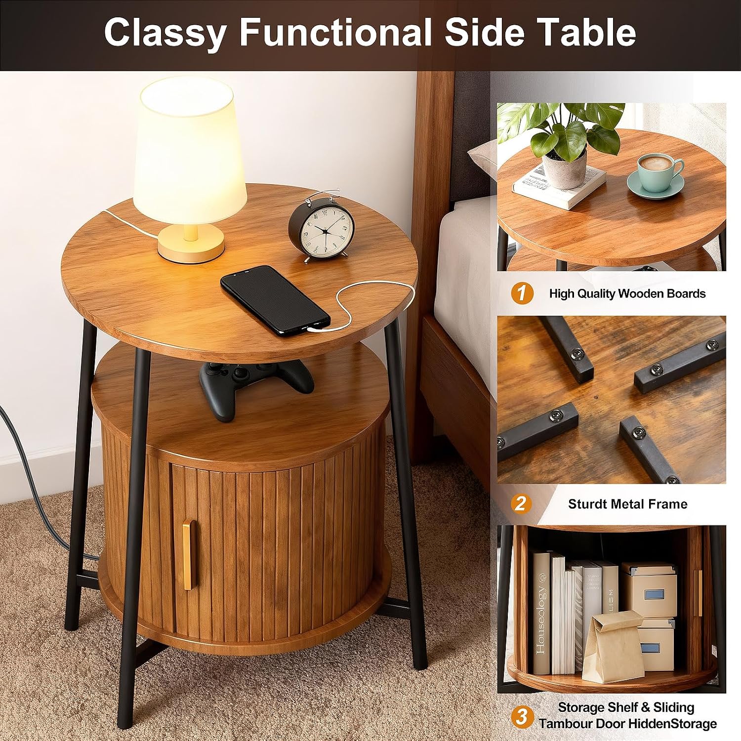 DHH Round End Tables Set of 2 & Charging Station, Fluted Accent Side Table with Sliding Door, Mid-Century Modern Nightstand set of 2 for Small Space Storage, Living Room, Bedroom,Sofa Couch(2, Yellow)