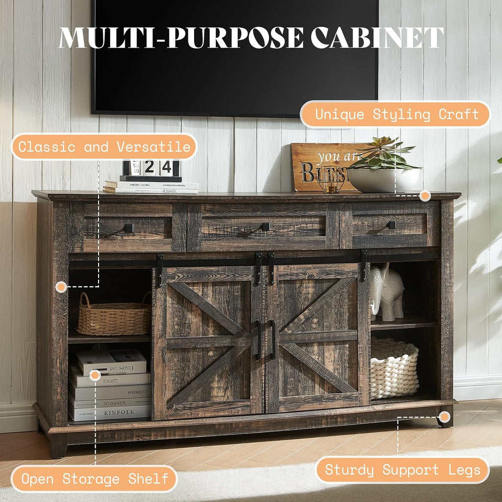 AMERLIFE 4-Piece Farmhouse Furniture Set: Sliding Barn Door TV Stand, Coffee Table, and Two End Tables with Charging Station for Living Room, Bedroom, Rustic Oak Black