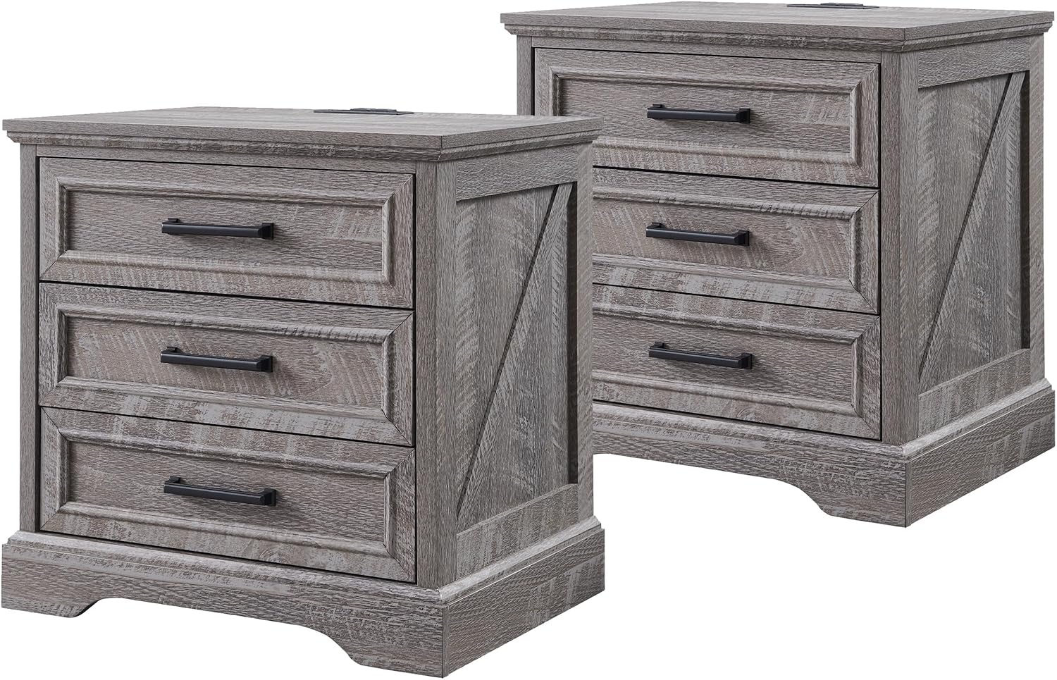 ACCOHOHO Farmhouse Nightstands Set of 2, 22 Inch Wide End Table with Charging Station & 3 Large Drawers, Rustic Wood Small Dresser Chest of Drawers for Bedroom, Living Room, Grey