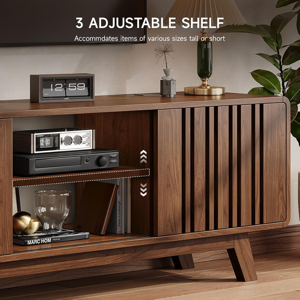 ONBRILL 63-Inch TV Stand for TVs up to 75 Inch, Mid-Century Modern Television Stand with Power Outlet, Entertainment Center with Sliding Grille Door Cabinets and Open Shelves for Living Room, Walnut
