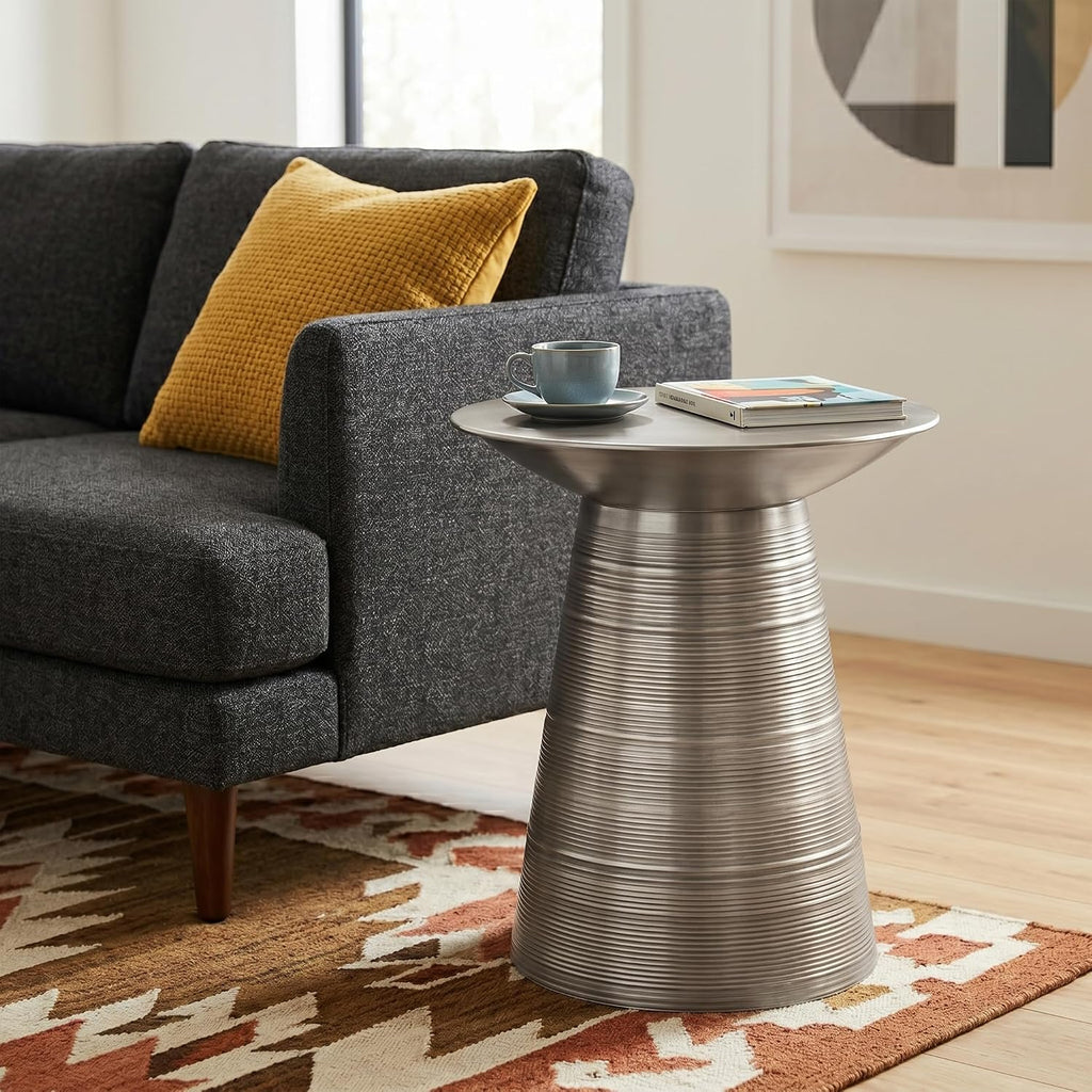 SIMPLIHOME Sheridan Metal Table - 18' Wide x 20' High Solid Metal Round Side Table in Antique Silver, Industrial Accent Table for Living Room, Bedroom, or Office with Sculptural Design, Assembled