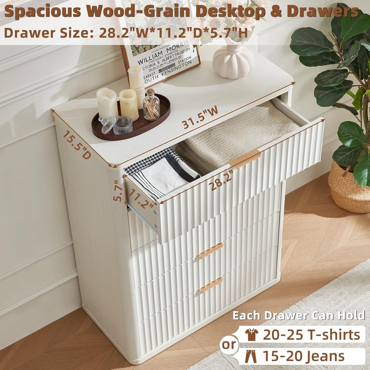 LEYAOYAO Fluted 5 Drawers Dresser for Bedroom, 41' Tall Modern Chest of Drawers with Metal Handle, Curved Profile Farmhouse Closet Organizer Wood Dressers TV Stand for Living Room,Antique White