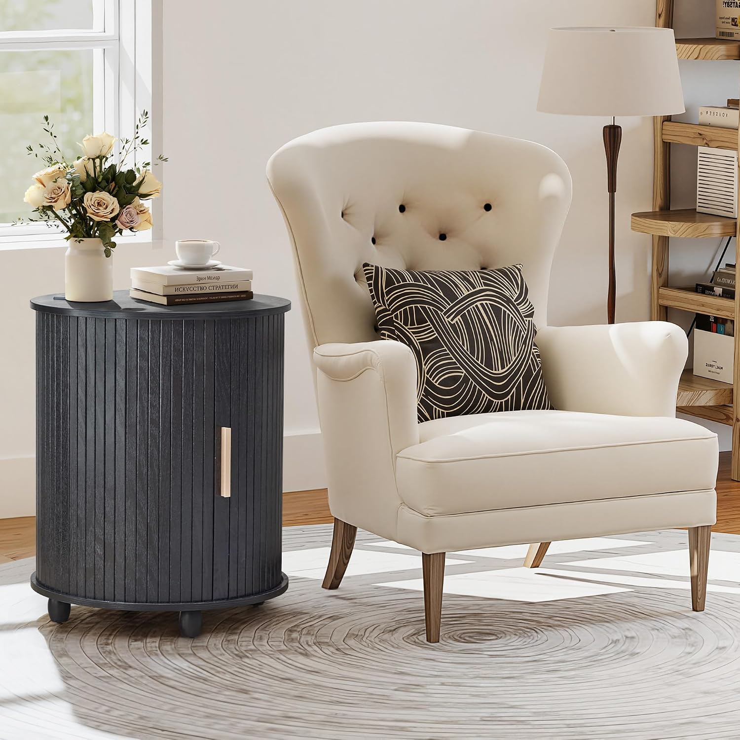 Set of 2 Fluted Round End Table with Charging Station, Small Farmhouse Sofa Side Table with Sliding Tambour Door & Storage, Mid-Century Wood Fulted Nightstands for Living Room, Bedroom (Black)