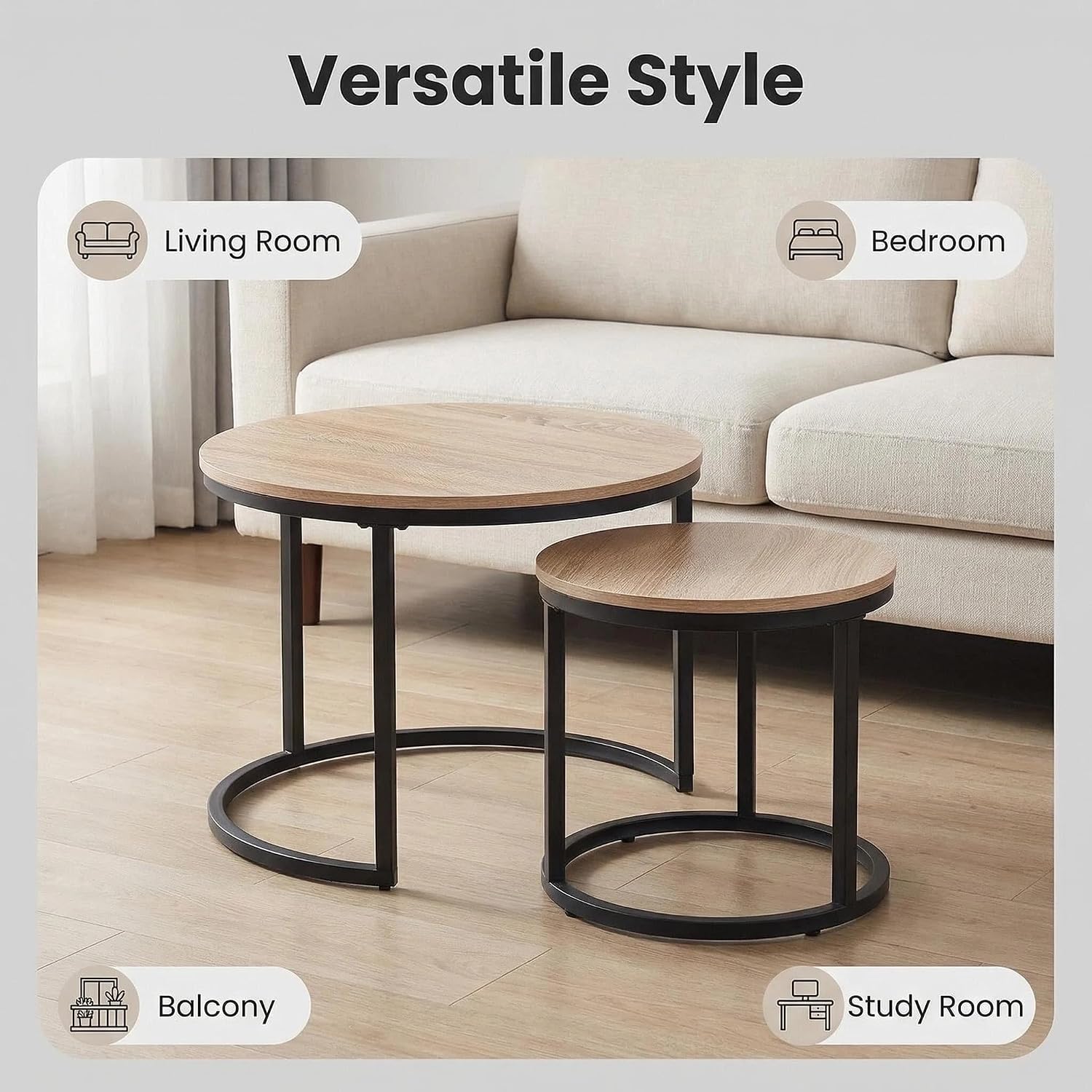 CENSI 24' Round Nesting Coffee Table, Accent Table, Natural Oak, Light Wooden Finish, Space-Saving, Modern Industrial Style