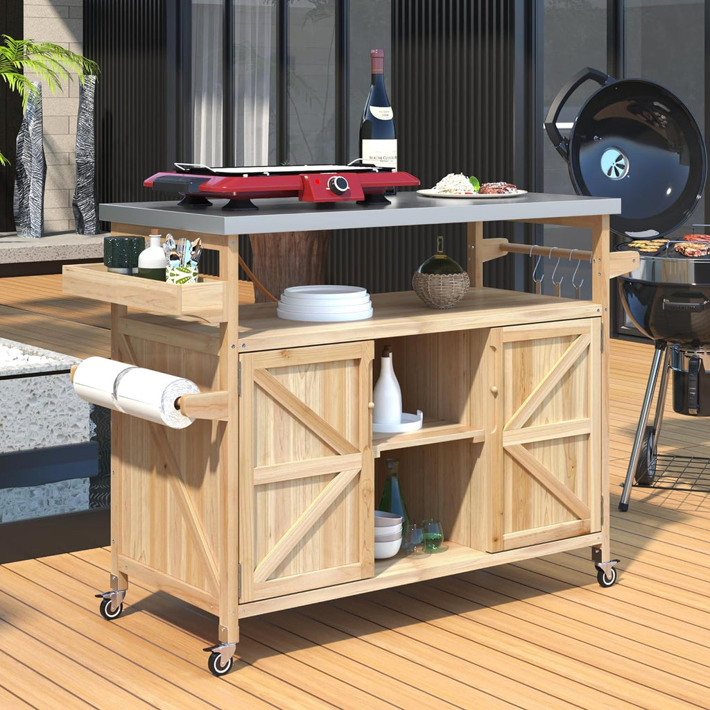 Outdoor Kitchen Rolling Bar Cart with Storage Cabinet, Farmhouse Solid Wood Outdoor Grill Table with Stainless Steel Top, Spice Rack and Towel Rack, Perfect for Barbecue Poolside Patio (Natural)