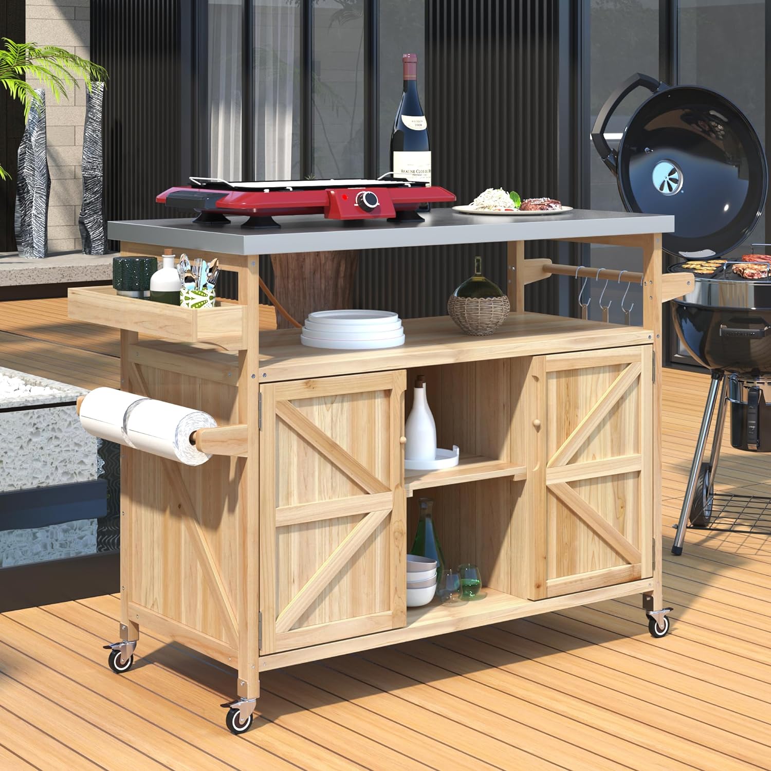 Outdoor Kitchen Rolling Bar Cart with Storage Cabinet, Farmhouse Solid Wood Outdoor Grill Table with Stainless Steel Top, Spice Rack and Towel Rack, Perfect for Barbecue Poolside Patio (Natural)
