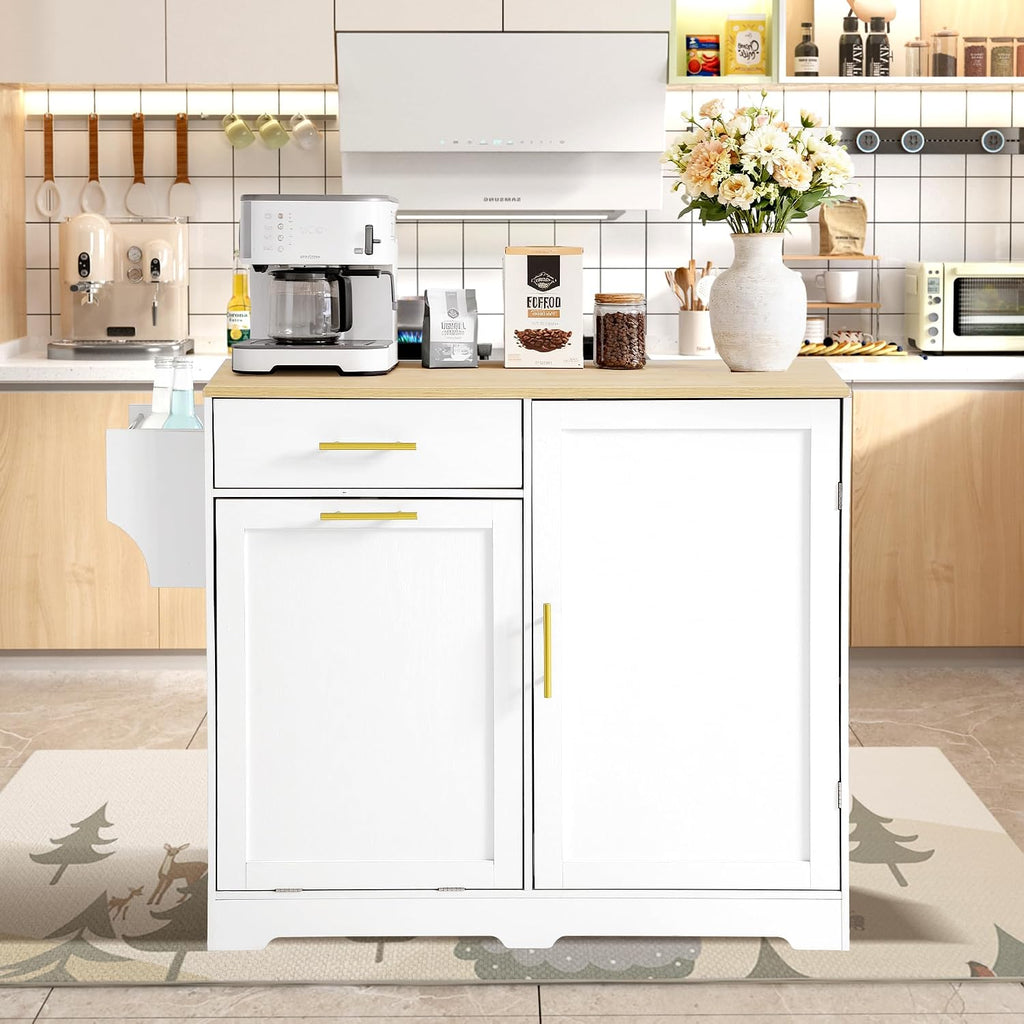 48' Kitchen Island with Trash Can Storage & Drop Leaf, Rolling Kitchen Island Table Cart with Spice/Towel Rack, Portable Kitchen Cabinet Bar Carts on Wheels with Drawer for Dining Room (White)