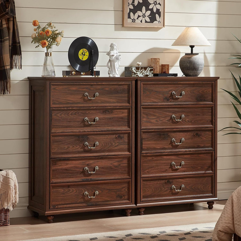 Joaxswe Farmhouse 5 Drawer Dresser Set of 2 for Bedroom, 45' Tall Rustic Chests of Drawers w/ 4 Solid Wood Feet, Mid Century Vintage Wooden Closet Storage Dressers Organizer for Living Room, Brown