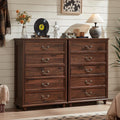 Joaxswe Farmhouse 5 Drawer Dresser Set of 2 for Bedroom, 45' Tall Rustic Chests of Drawers w/ 4 Solid Wood Feet, Mid Century Vintage Wooden Closet Storage Dressers Organizer for Living Room, Brown