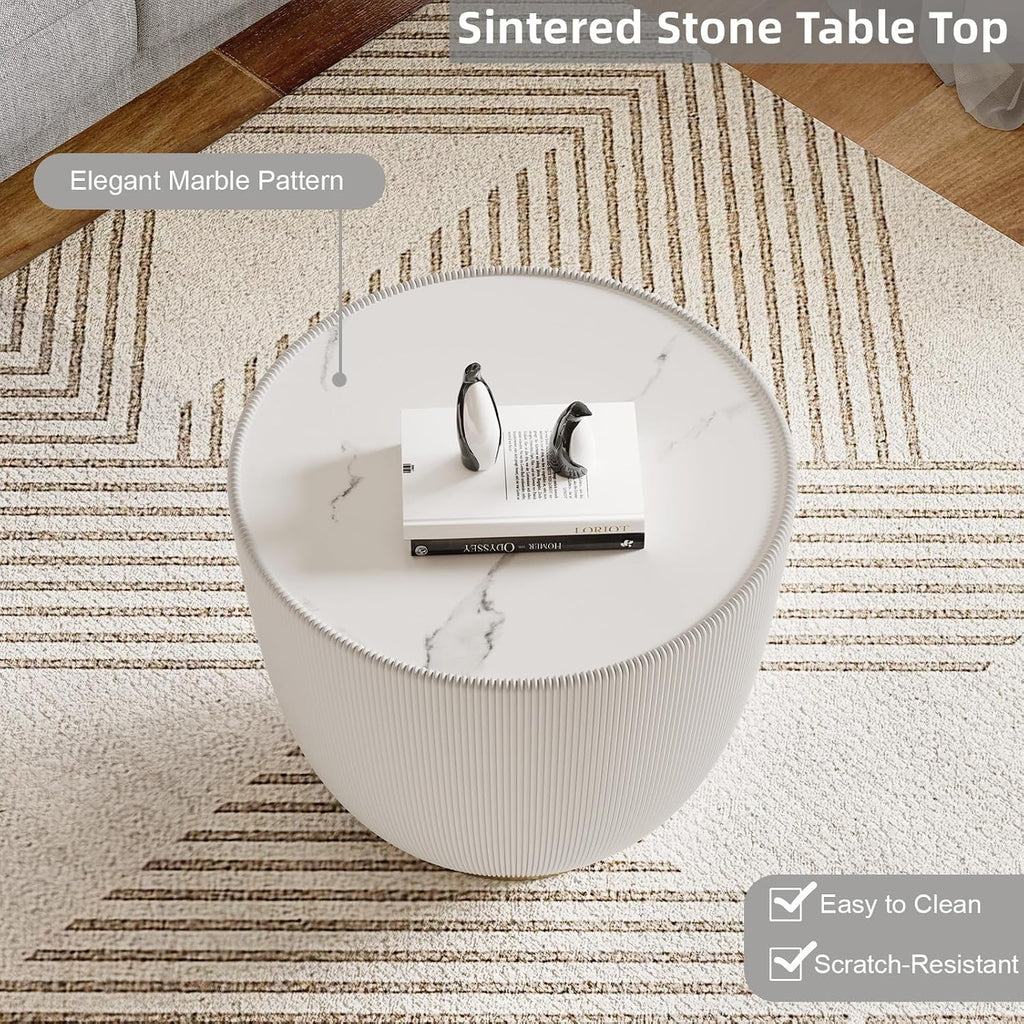Modern Round End Table Luxury Sintered Stone Top Coffee Table in Cream White Leatherette Creative Bowl-Shape Small Coffee Side End Table for Living Room Bedroom,Fully Assembled