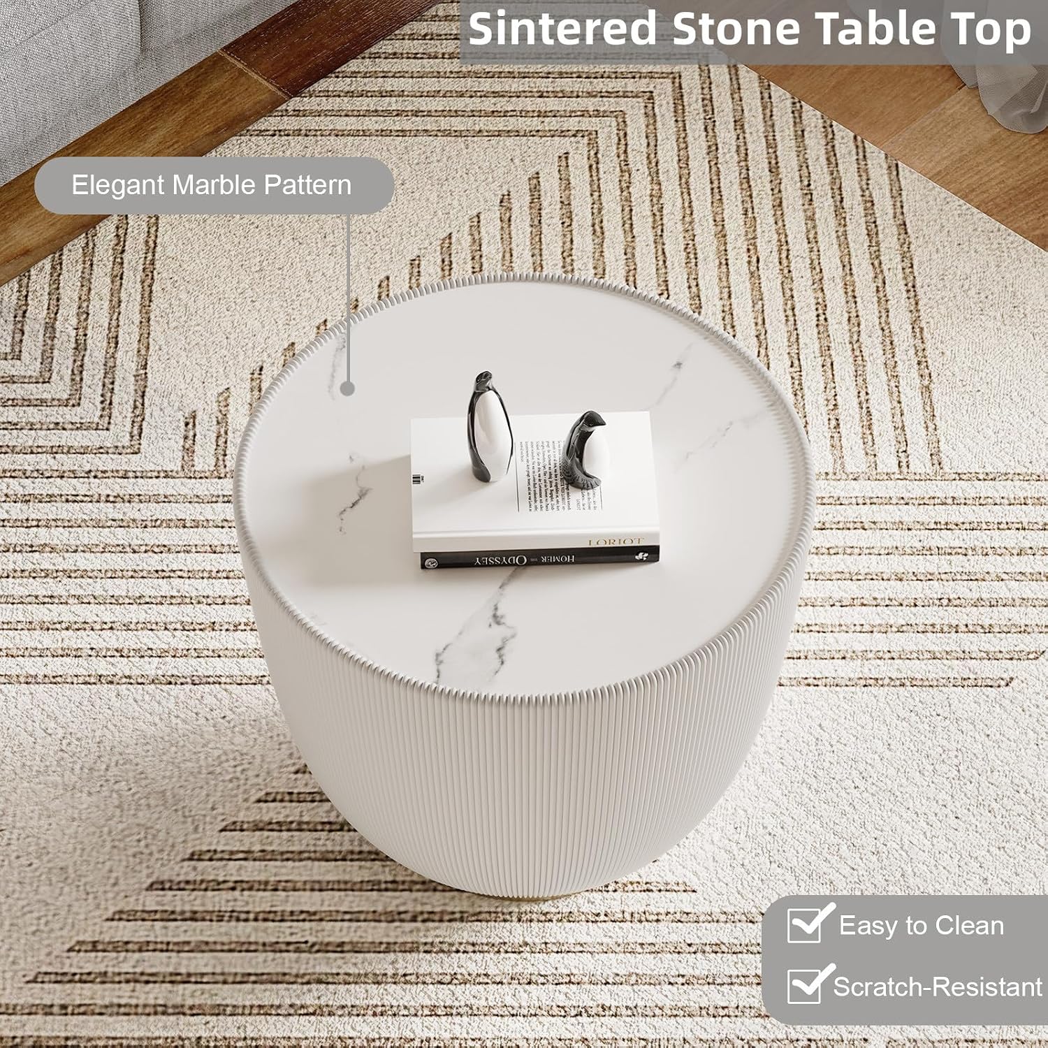 Modern Round Coffee Table Set of 2 Luxury Sintered Stone Top Coffee End Table in Grey/White Leatherette Creative Bowl-Shape Small Coffee Side End Tables for Living Room,Fully Assembled