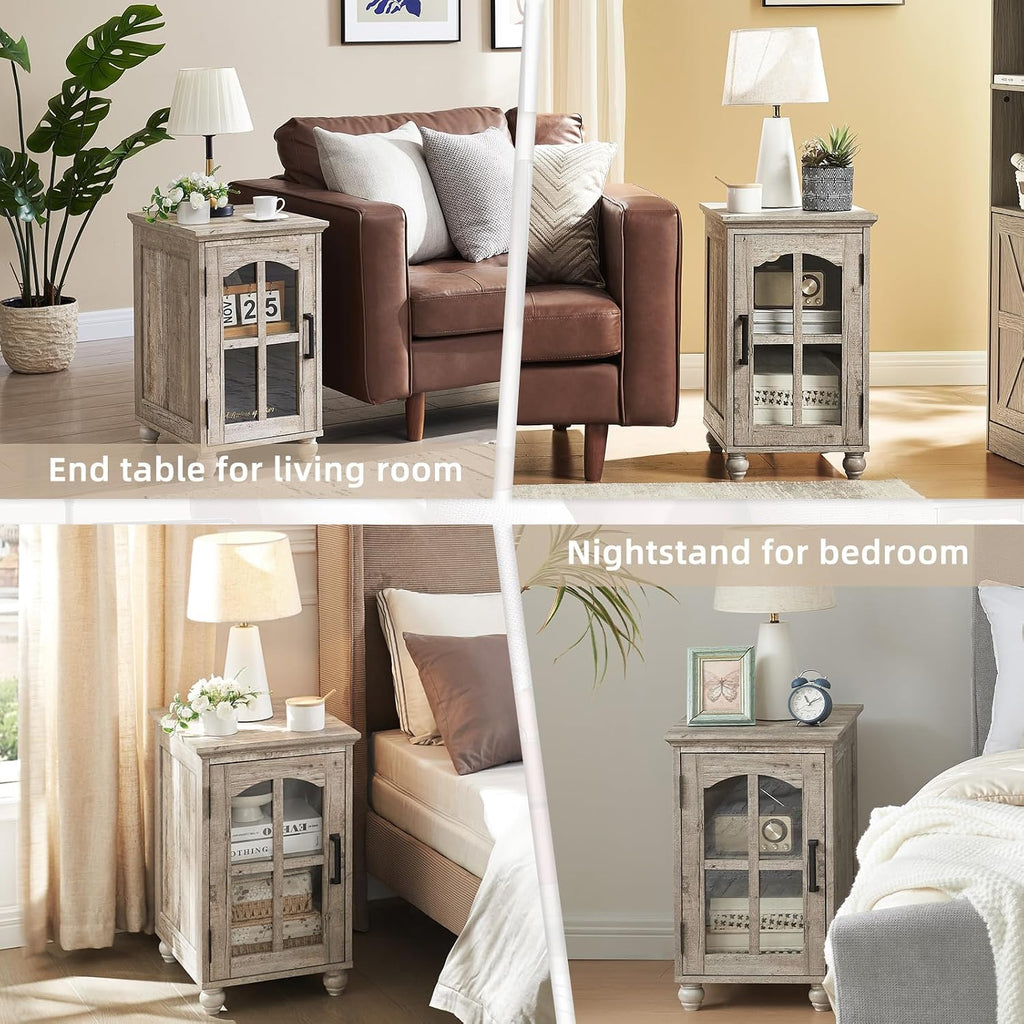 RWYHG Farmhouse End Table Set of 2 with Charging Station, 18'' Narrow Side Table and 24' Large Sofa Table with Glass Barn Door Storage, Wood Night Stand Bedside Cabinet for Living Room,Bedroom