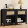 SICOTAS Black Nightstands Set of 2 with Charging Station - Rattan Night Stand with Drawer, Modern Bedside Table with USB and Type-C Ports, Bed Side Tables for Bedroom, Black Oak, 2 PCS