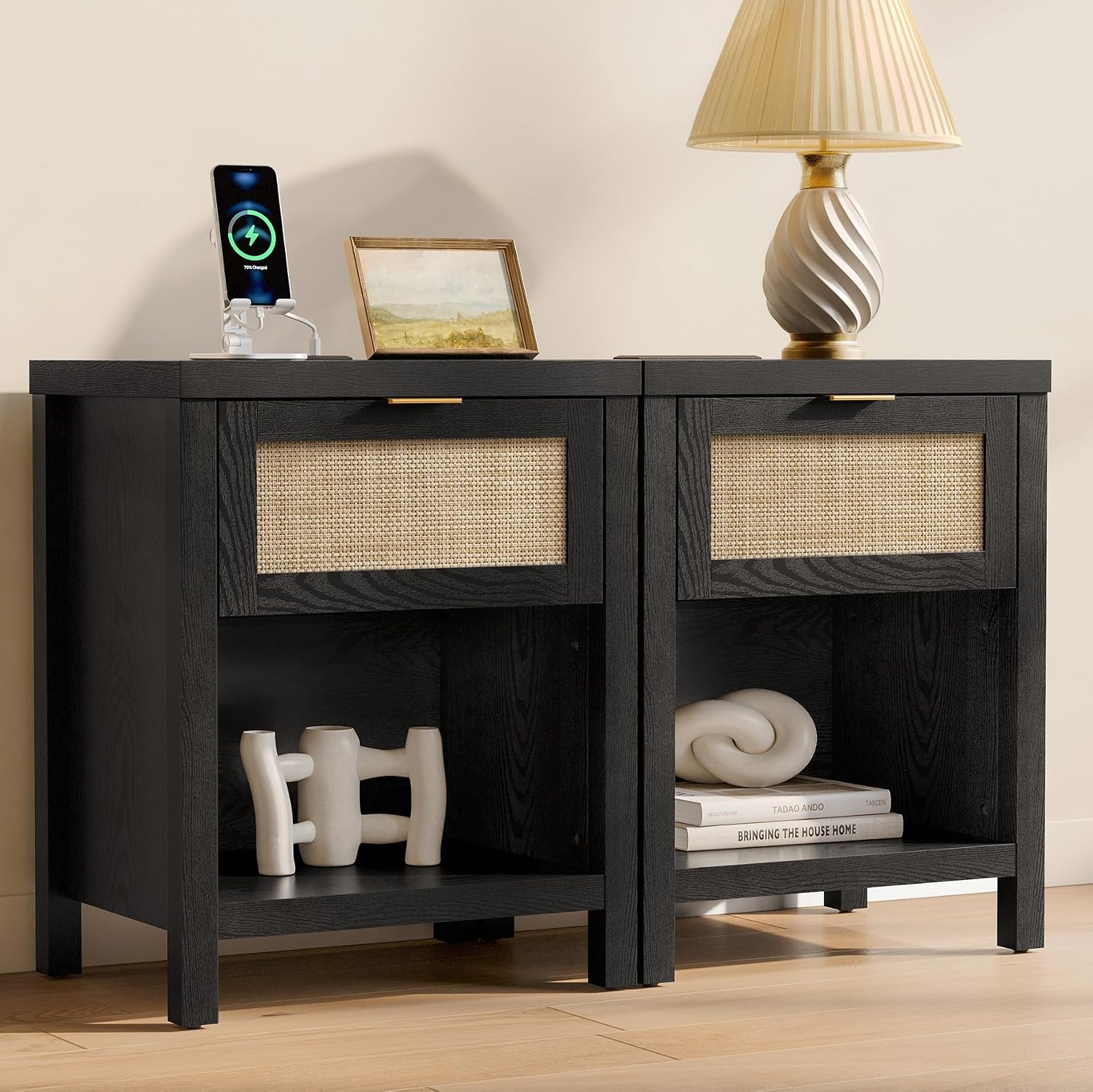 SICOTAS Black Nightstands Set of 2 with Charging Station - Rattan Night Stand with Drawer, Modern Bedside Table with USB and Type-C Ports, Bed Side Tables for Bedroom, Black Oak, 2 PCS