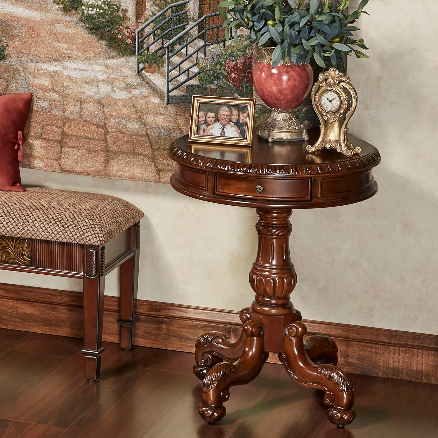 Touch of Class Cortona Pedestal End Table Autumn Cherry - Victorian Style Furniture - Round Top with Curved Legs - Antique Side Accent - Wood End Tables for Bedroom, Living Room, Entryway, Dining