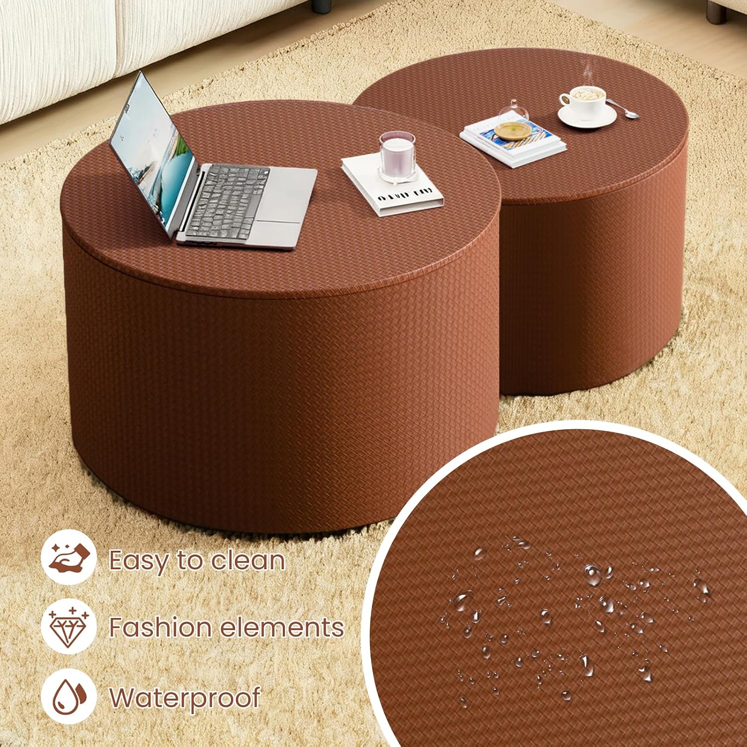 Round Nesting Coffee Table Set of 2 with Storage Modern Wood Coffee Table MDF Frame and Leather Surface Center Table End Side Table for Living Room Bedroom Office, No Assembling (Brown)