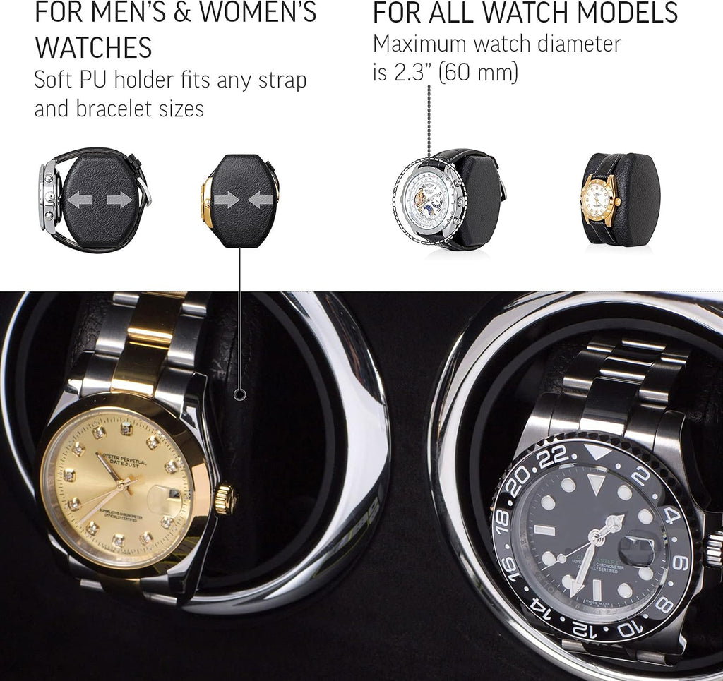 Watch Winder for 2 Watches with LED Backlight, LCD Display and Motor-Stop Option