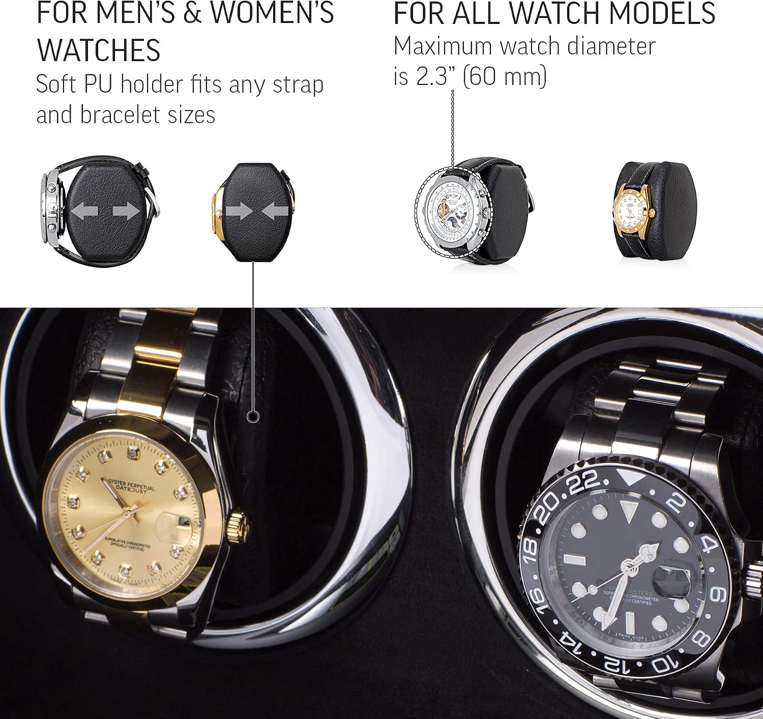 Watch Winder for 2 Watches with LED Backlight, LCD Display and Motor-Stop Option