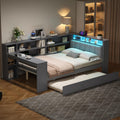 Bellemave Full Corner Bed with Bookcase Storage and LED Lights, Wooden Platform Bed Frame with Desk and Twin Trundle, Full Daybed with Upholstered Headboard and Charging Station, Grey