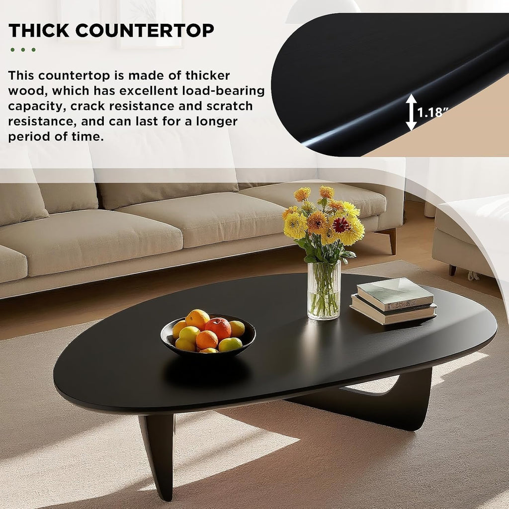Solid Wood Triangle Coffee Table,Unique Mid Century Modern Oval Coffee Table,Irregular Geometric Tea Tables for Home Living Room with Wooden Tabletop and Reinforced Legs Black 50' L x 31' W x 16' H