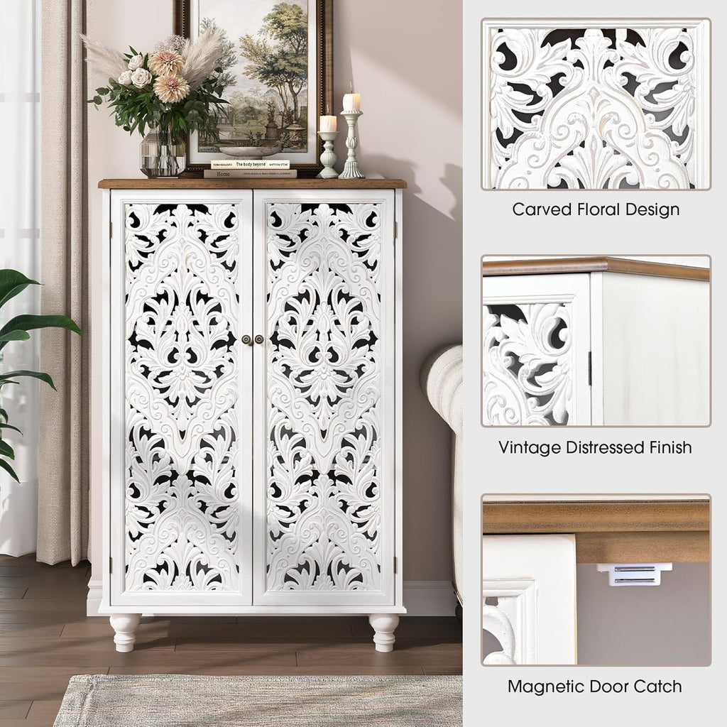 JOINICE 47' Tall Accent Cabinet with Carved Doors, Distressed White Wood Storage Cabinet with 3-Tier Shelves, Boho Farmhouse Sideboard Buffet for Small Spaces, Entryway & Living Room